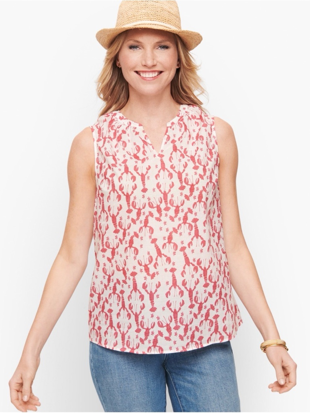 Talbots Sleeveless Split-Neck Lobster Print Top Size XL petite